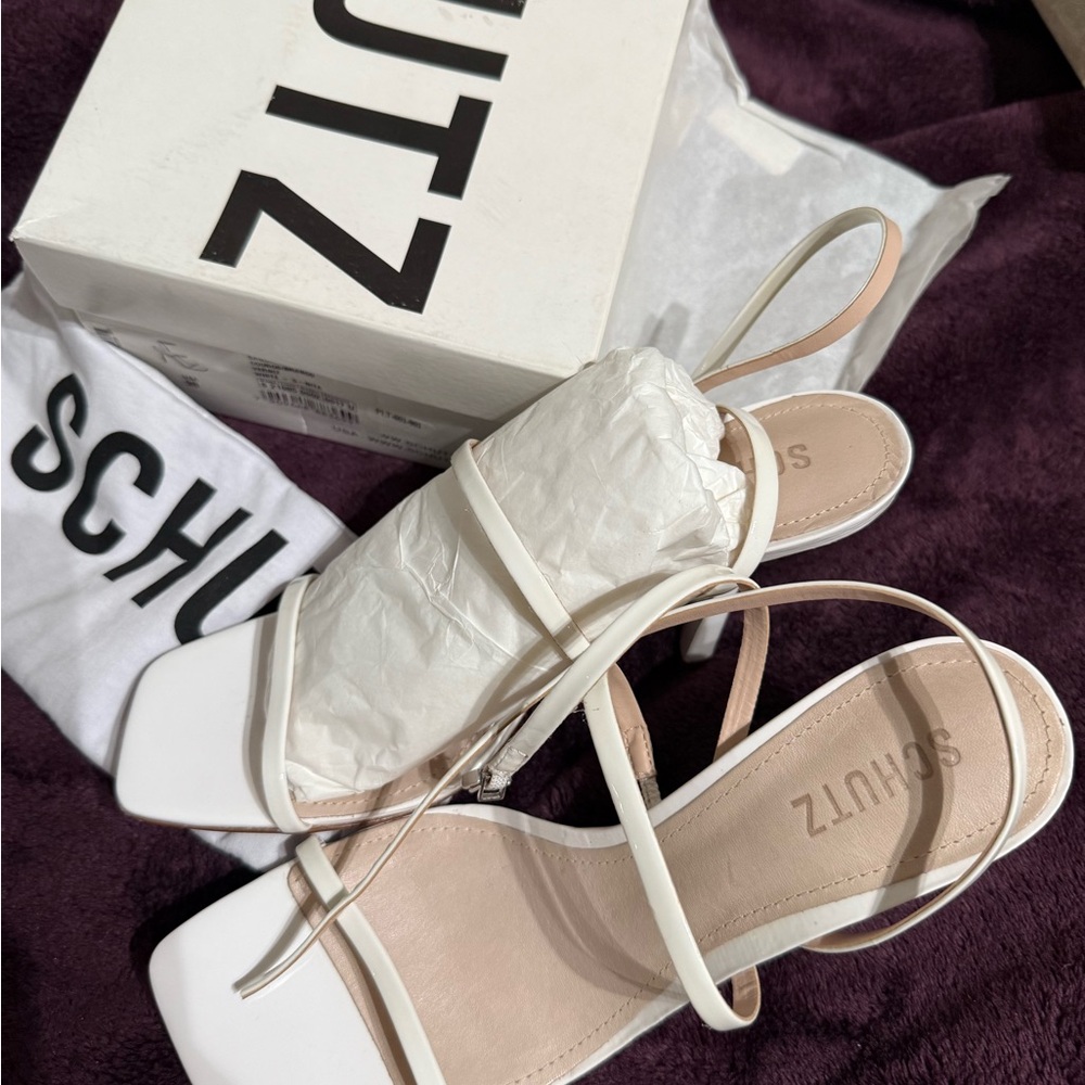 SCHUTZ White and Tan High Heel Sandals